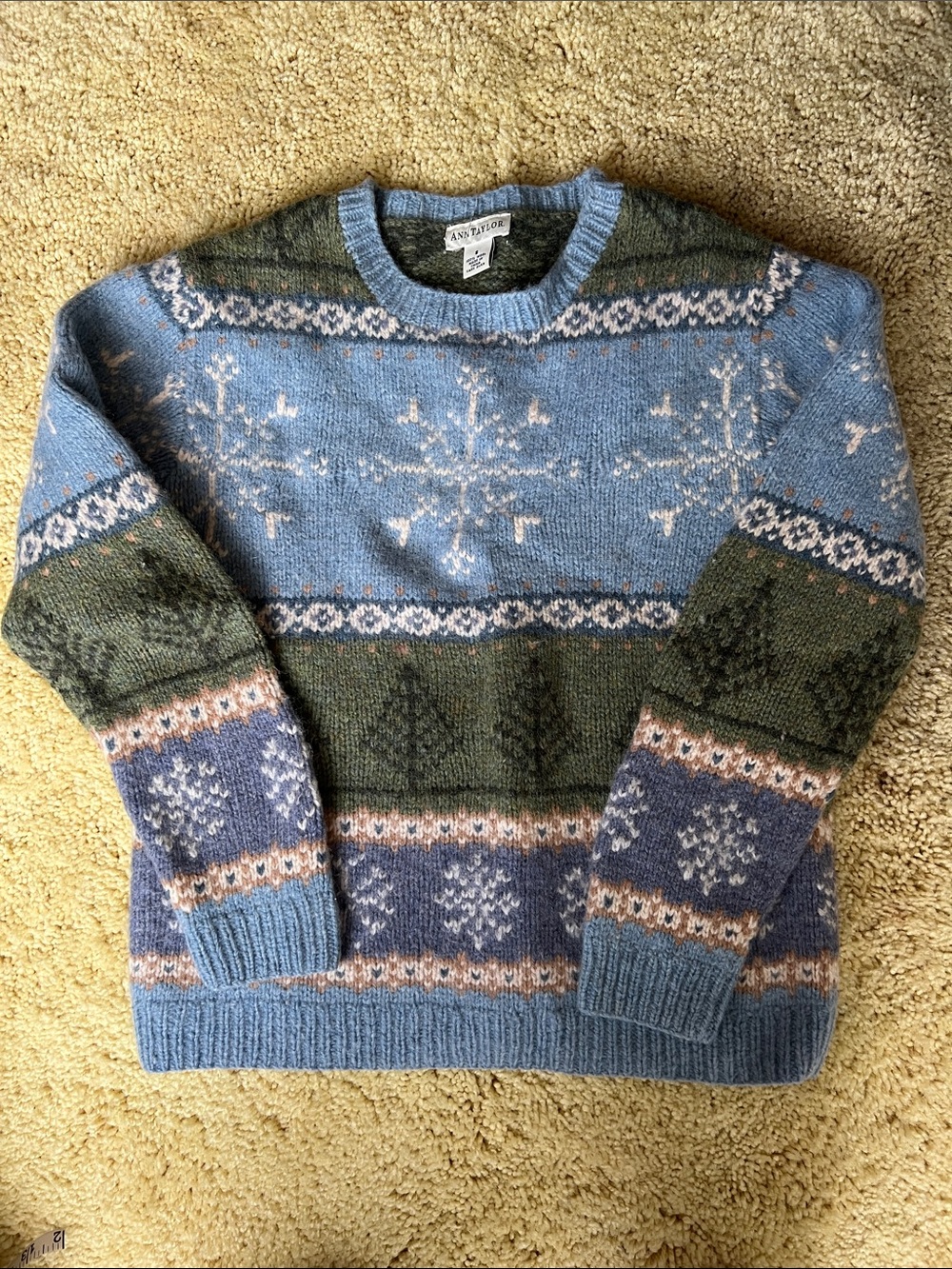 Ann Taylor Fair Isle Crewneck Sweater - Light Blue, Olive, Navy